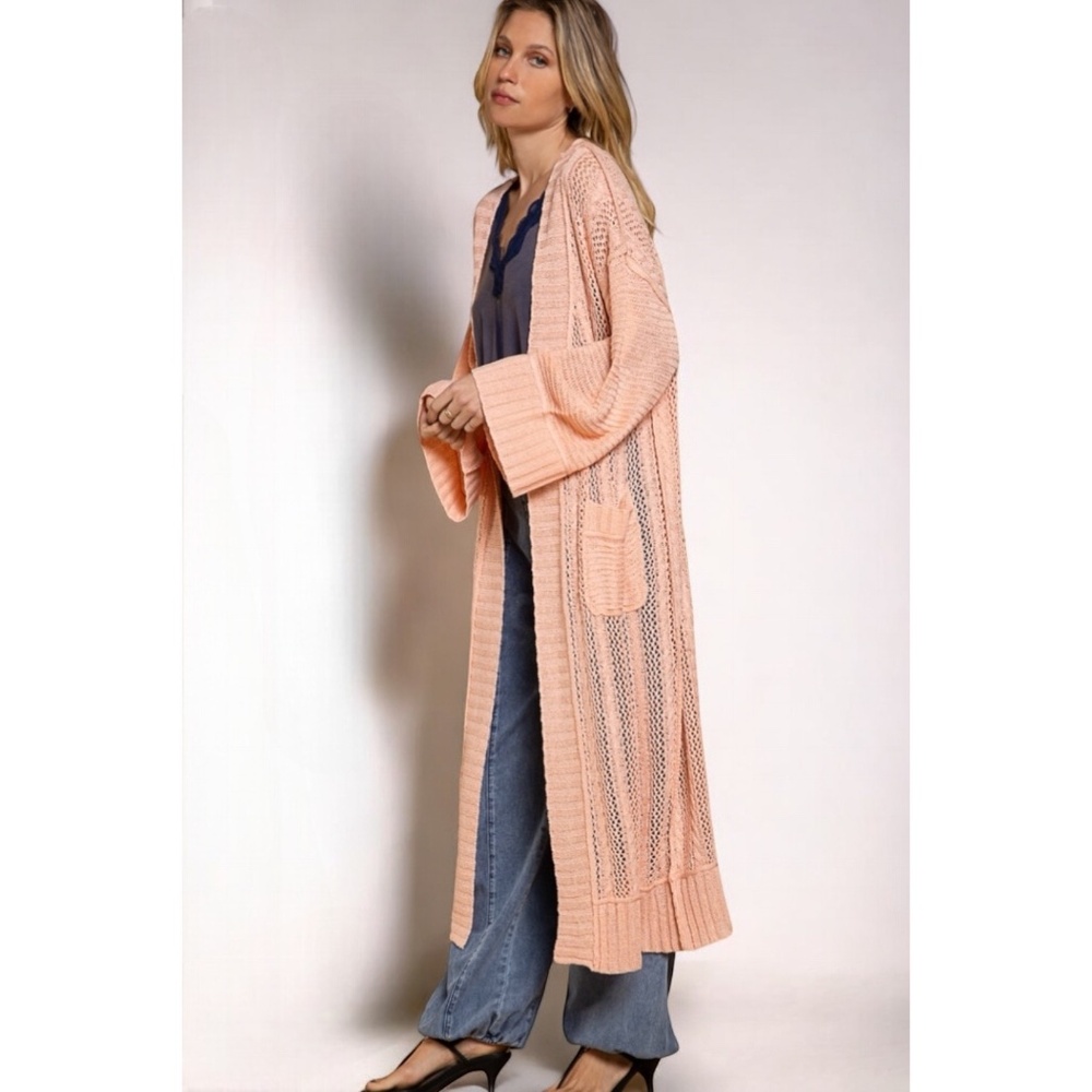 POL Himalayan Pink Mixed Weave Oversized Transitional Knit Long Cardigan - Picture 3 of 6